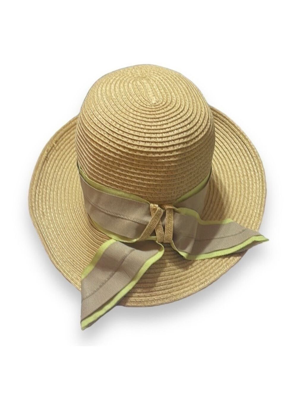 Straw Hat with Tan and Lime Green Attached Ribbon Cynthia Rowley
